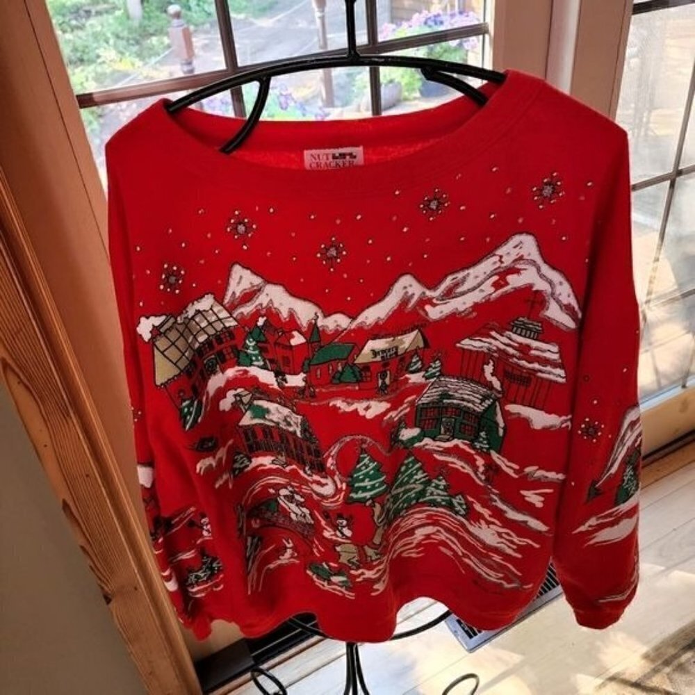 Nutcracker Vintage Sz M Red Puff Graphic Embellished Holiday House LS Sweatshirt